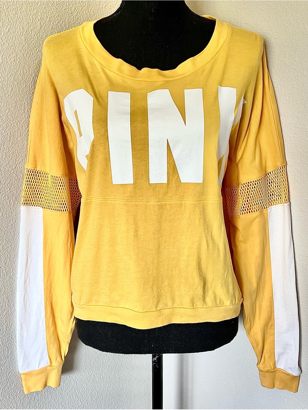 EXC • VS PINK Yellow Mesh Panel “Pink” Logo Long Sleeve Crop Tee •